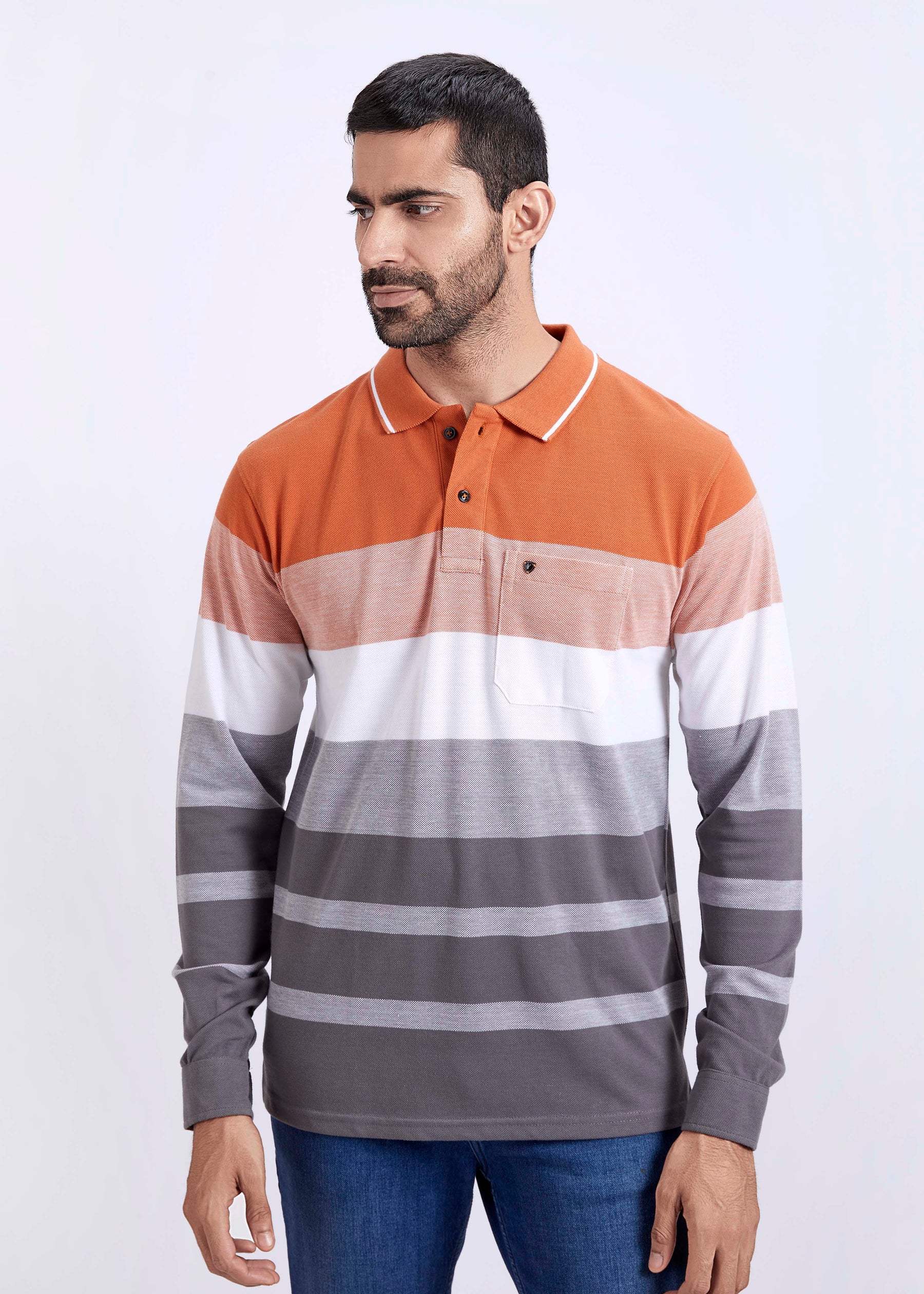 Full Sleeves Vintage Striped Polo T-Shirt With Pocket