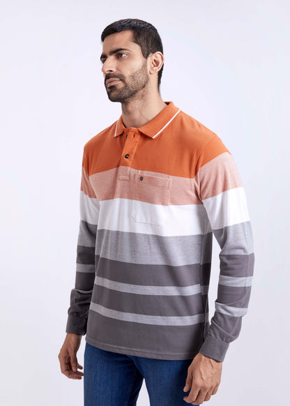 Full Sleeves Striped Polo T-Shirt With Pocket