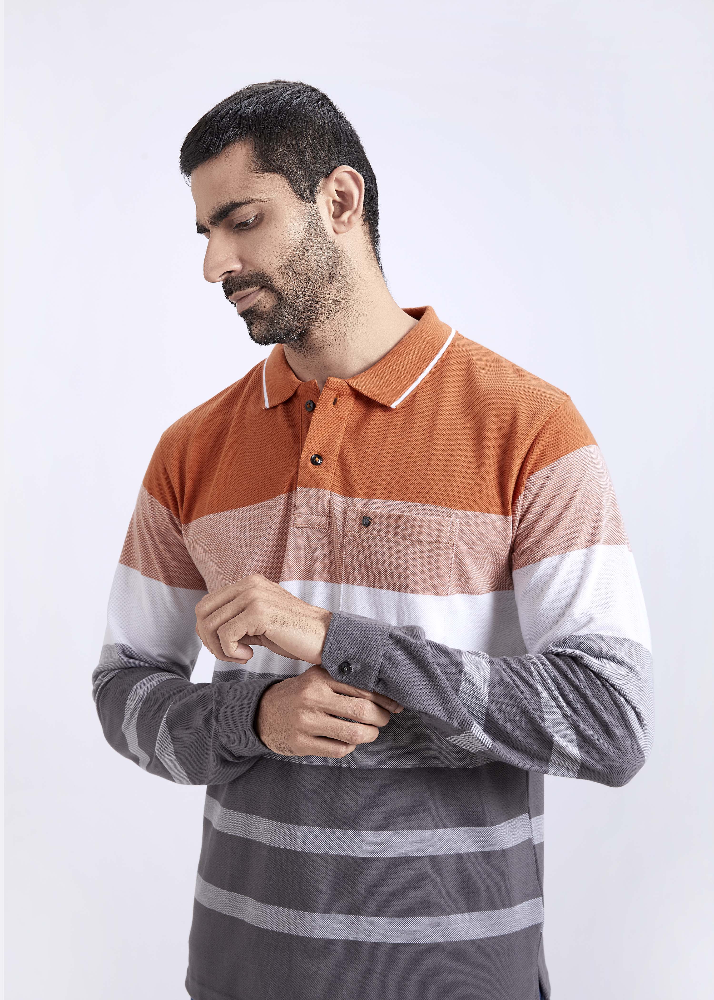 Full Sleeves Striped Polo T-Shirt With Pocket
