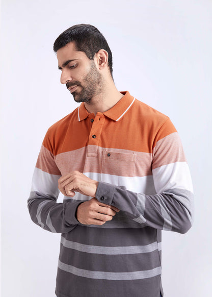 Full Sleeves Striped Polo T-Shirt With Pocket