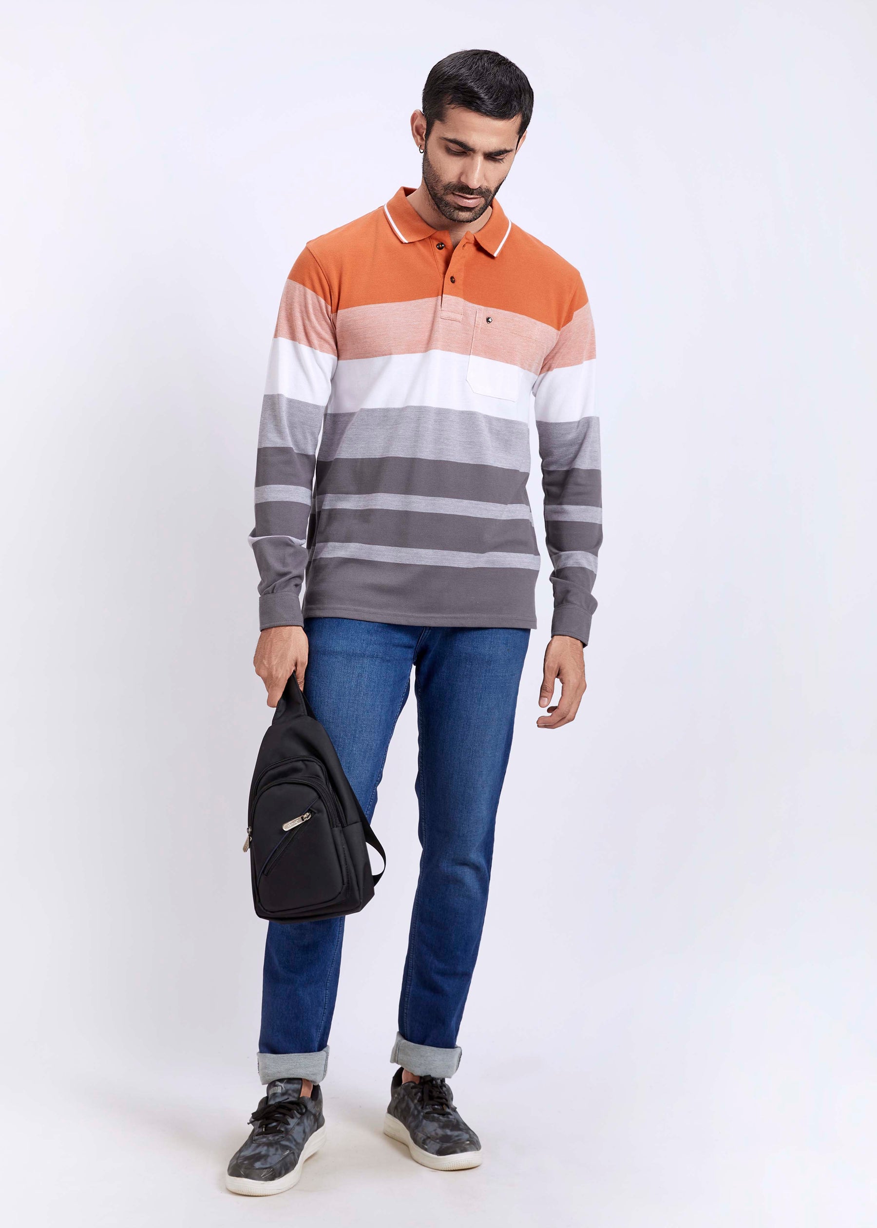 Full Sleeves Vintage Striped Polo T-Shirt With Pocket