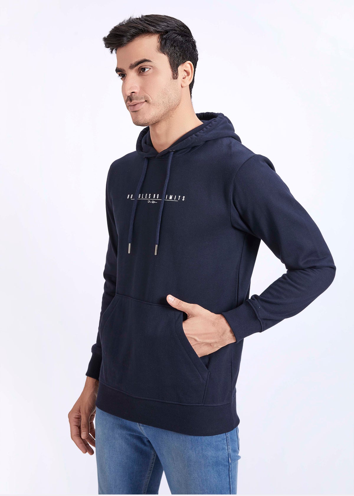 Cotton Fleece Printed Hoodie - Navy