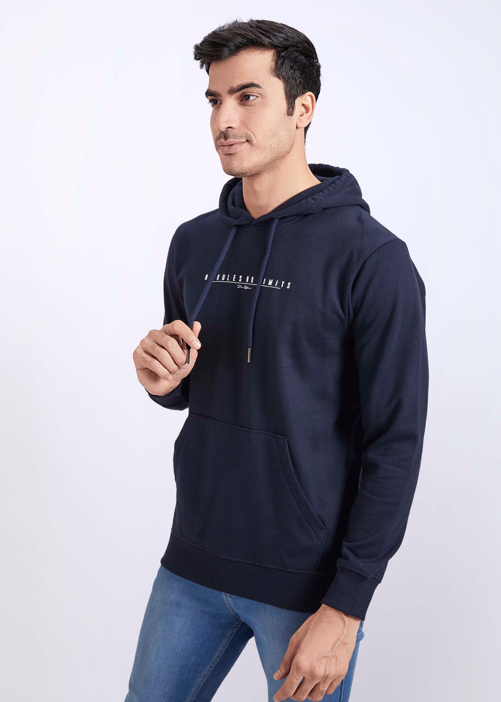 Cotton Fleece Printed Hoodie - Navy