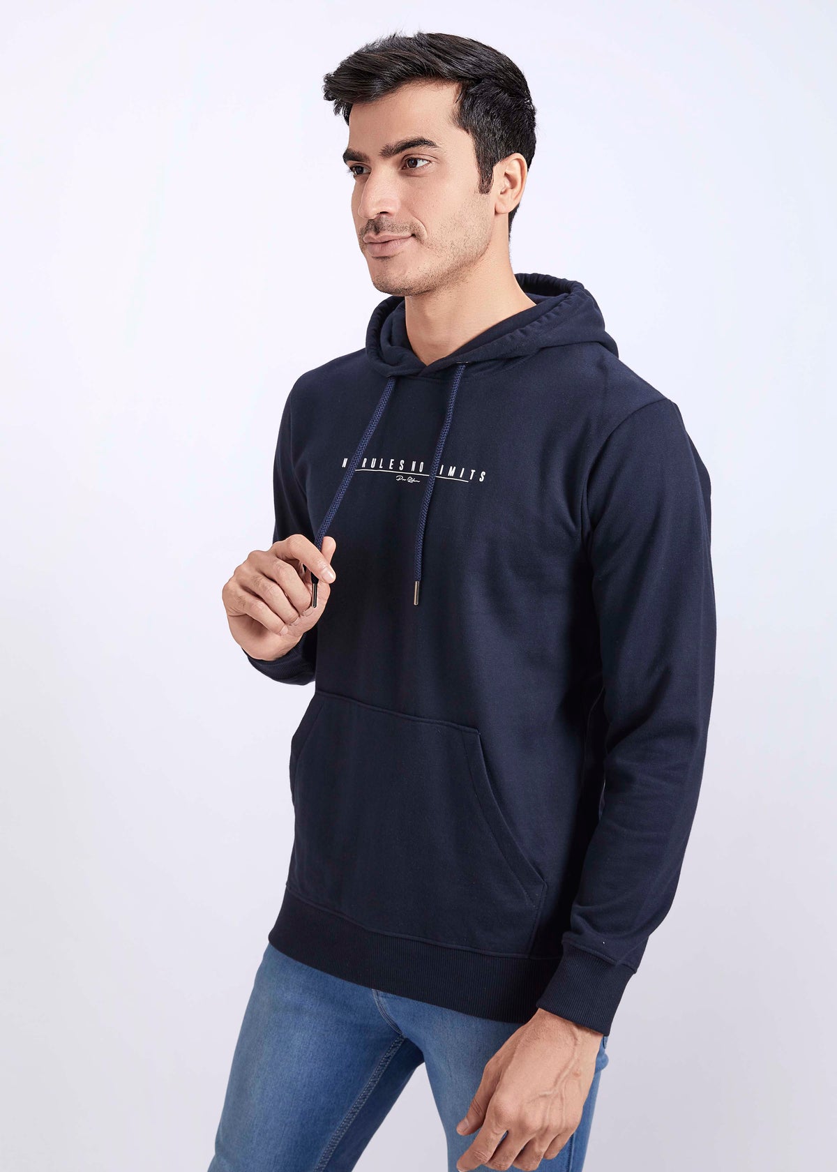 Cotton Fleece Printed Hoodie - Navy