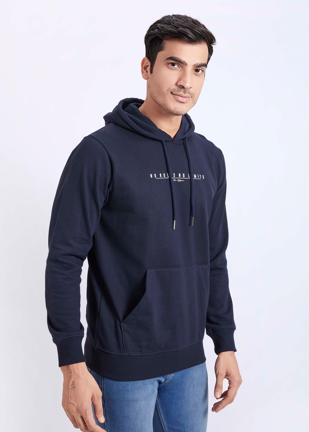 Cotton Fleece Printed Hoodie - Navy