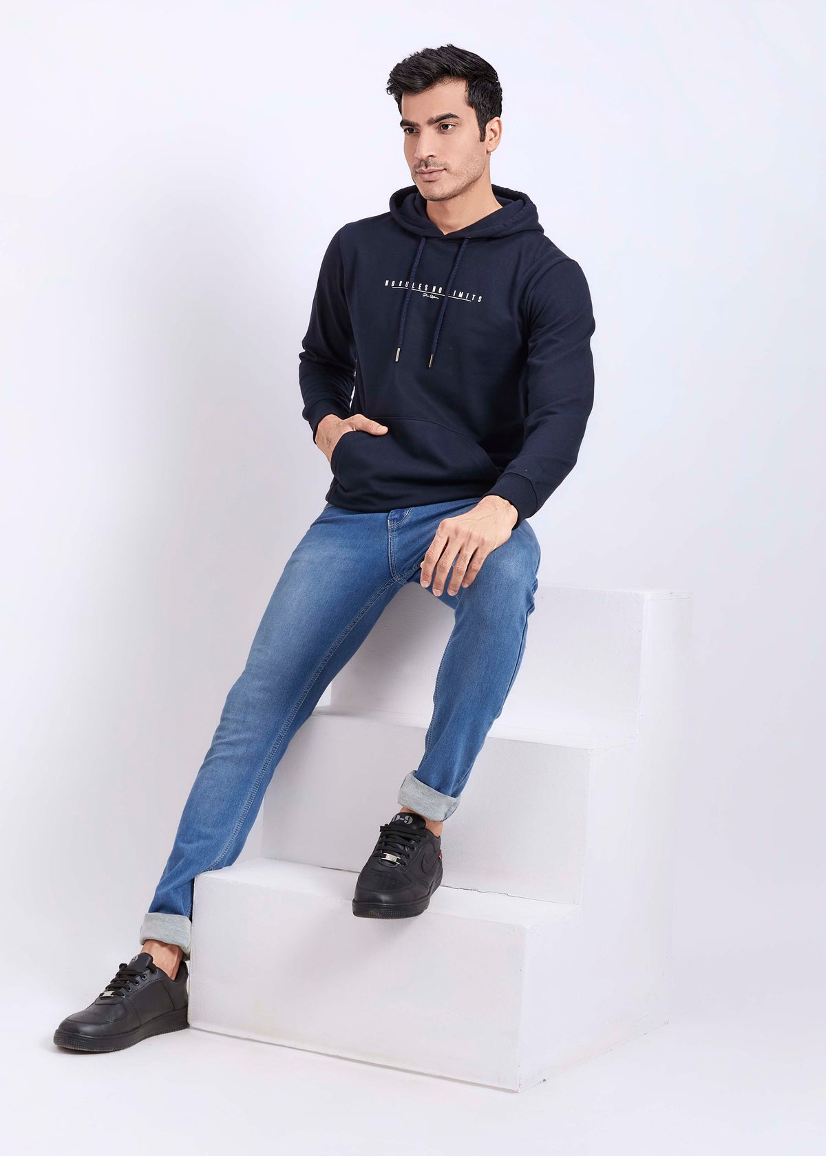 Cotton Fleece Printed Hoodie - Navy