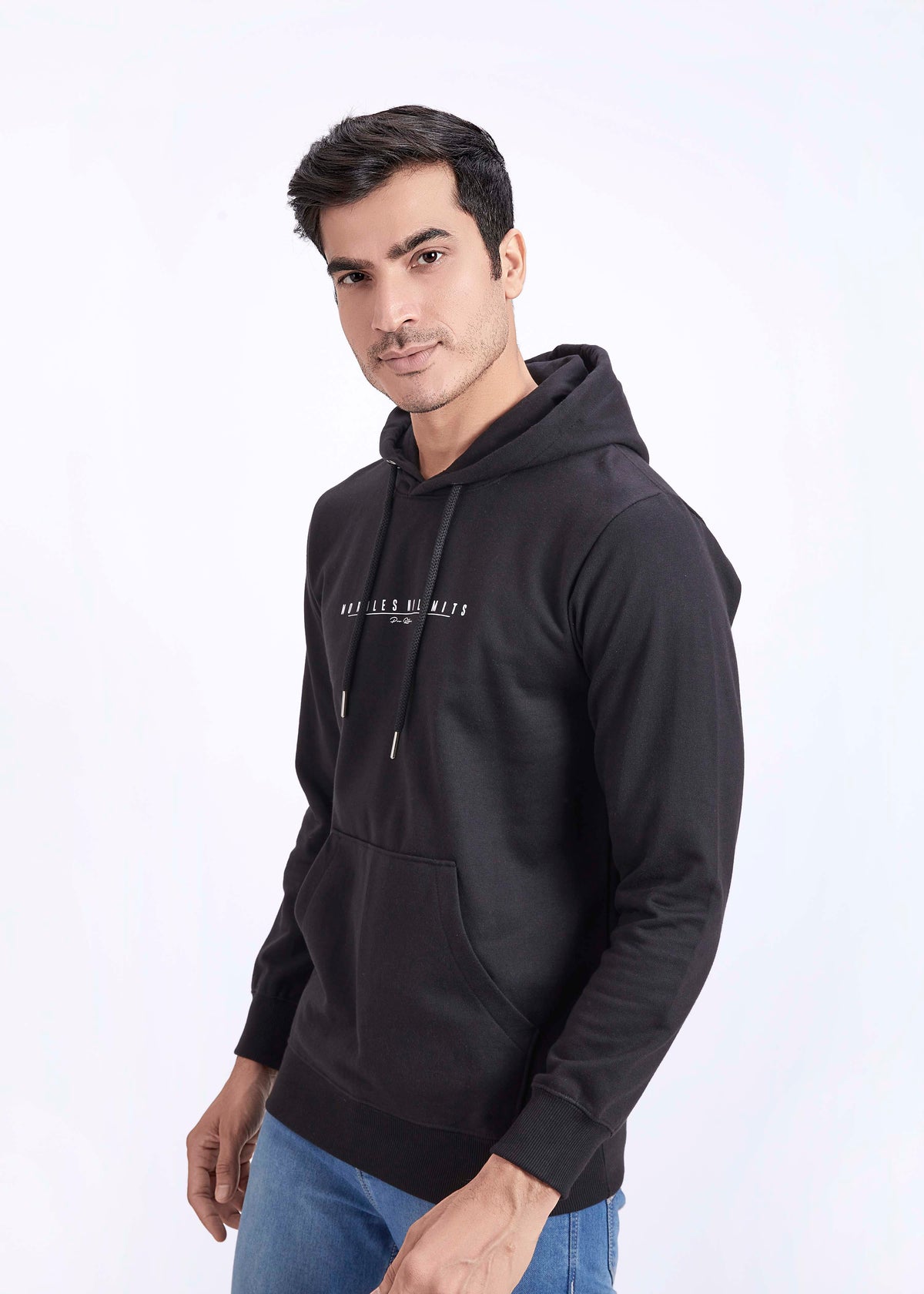 Cotton Fleece Printed Hoodie - Black