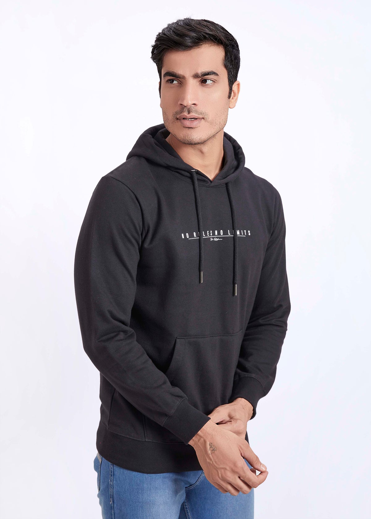 Cotton Fleece Printed Hoodie - Black