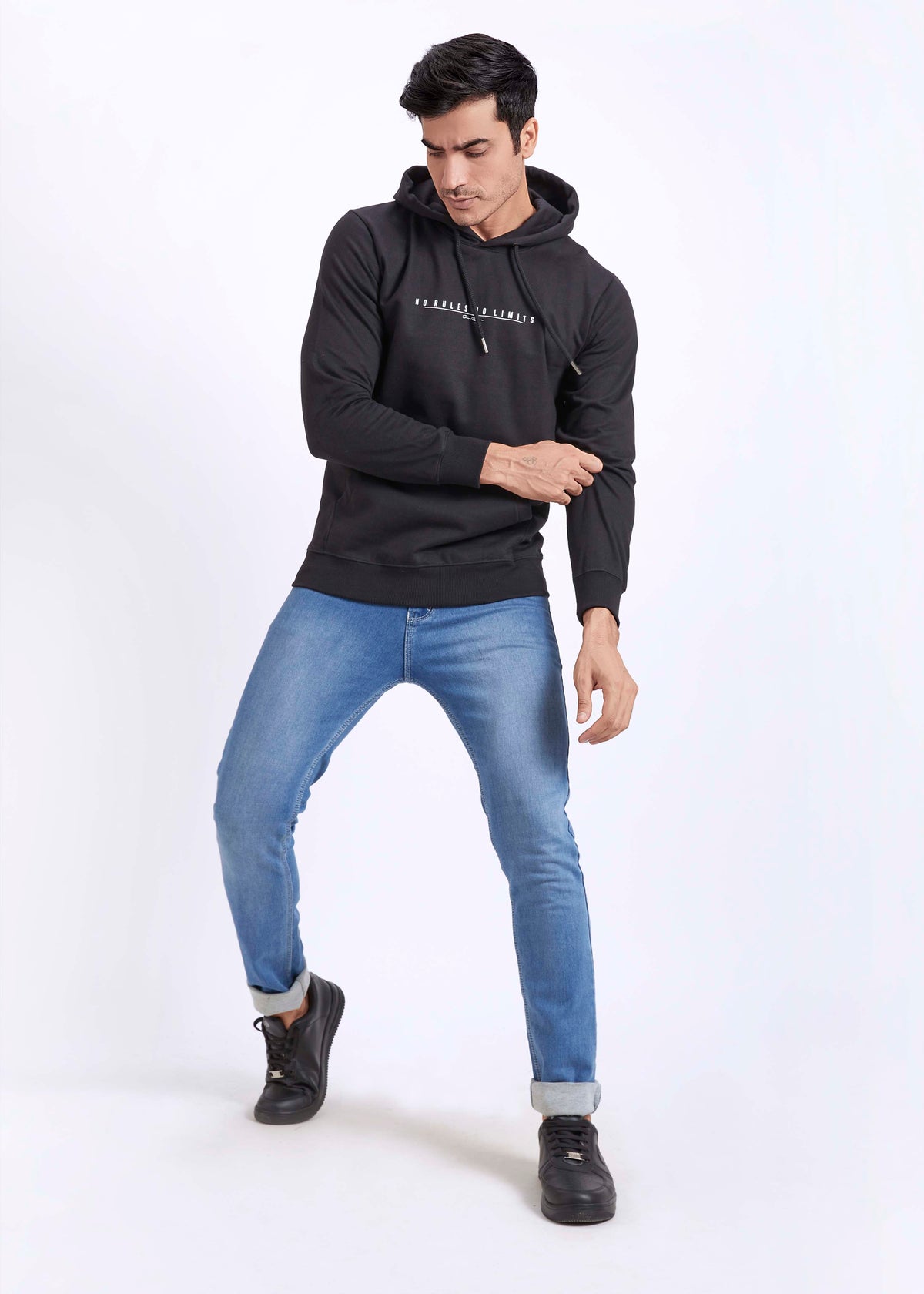 Cotton Fleece Printed Hoodie - Black