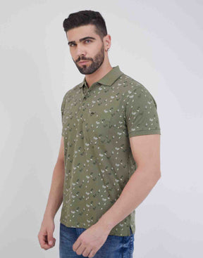 Men Floral Print Polo Neck Cotton Blend T-Shirt With Pocket