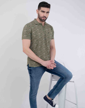 Men Floral Print Polo Neck Cotton Blend T-Shirt With Pocket