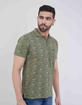 Men Floral Print Polo Neck Cotton Blend T-Shirt With Pocket