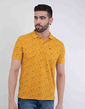 Men Floral Print Polo Neck Cotton Blend T-Shirt With Pocket