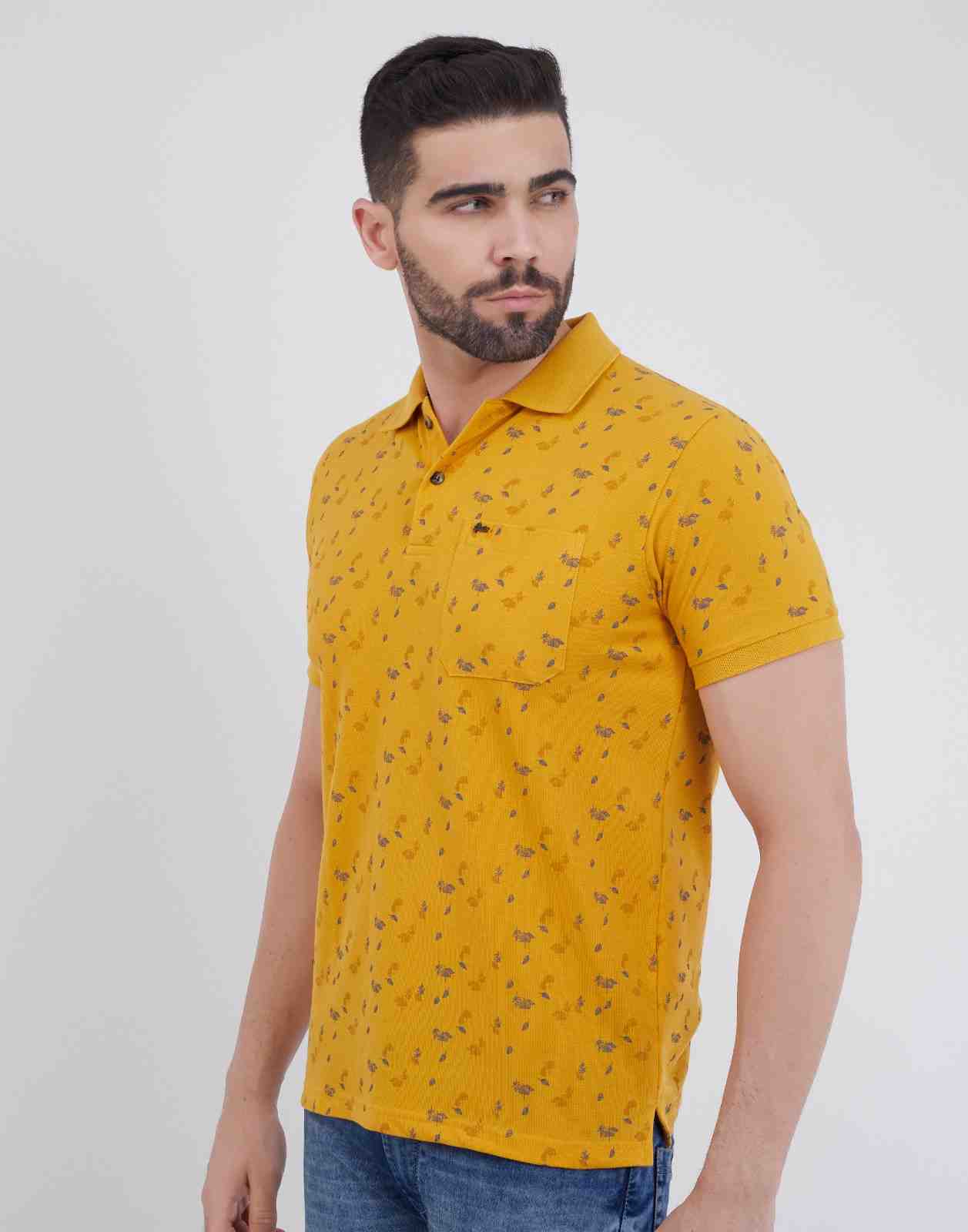 Men Floral Print Polo Neck Cotton Blend T-Shirt With Pocket