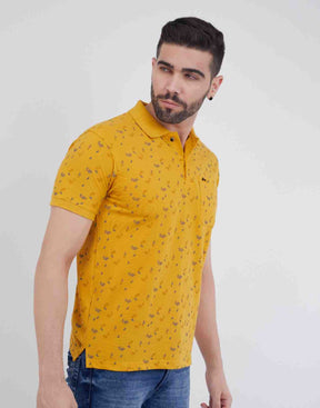 Men Floral Print Polo Neck Cotton Blend T-Shirt With Pocket