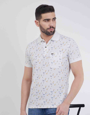 Men Floral Print Polo Neck Cotton Blend T-Shirt With Pocket