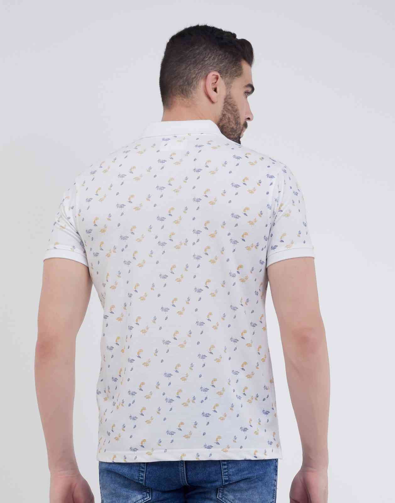 Men Floral Print Polo Neck Cotton Blend T-Shirt With Pocket