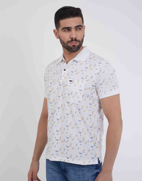 Men Floral Print Polo Neck Cotton Blend T-Shirt With Pocket