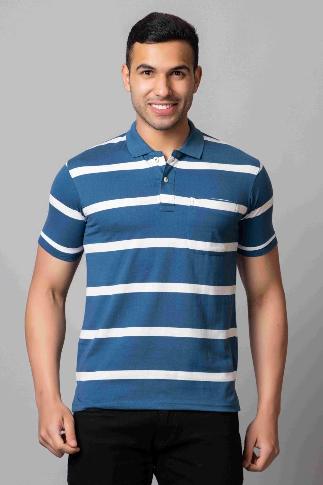 Men's Cotton Rich Striped Polo T-shirt with Pocket