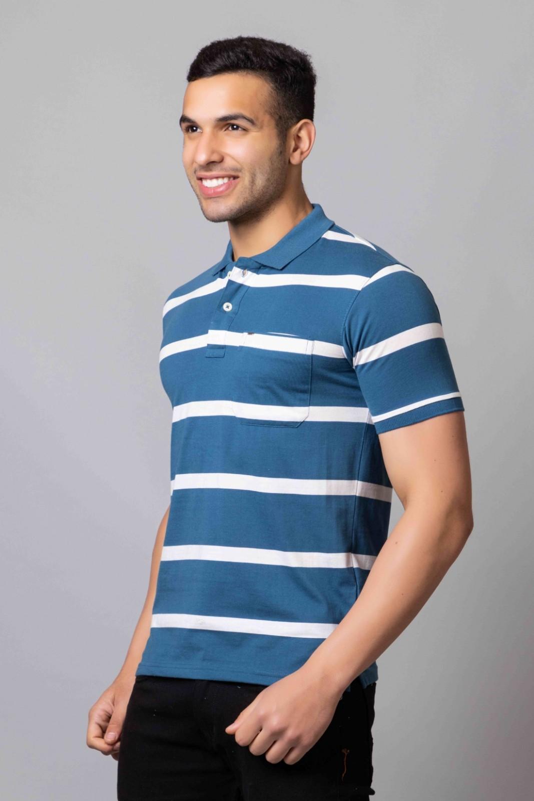 Men's Cotton Rich Striped Polo T-shirt with Pocket