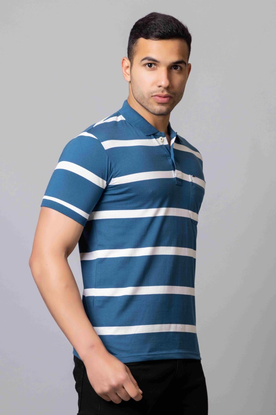 Men's Cotton Rich Striped Polo T-shirt with Pocket