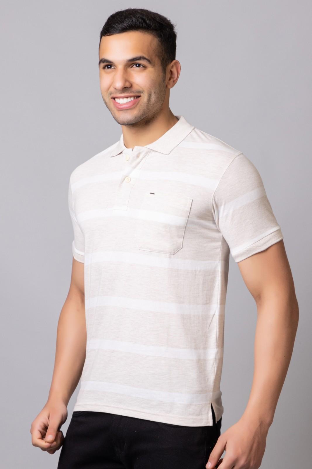 Men's Cotton Rich Striped Polo T-shirt with Pocket