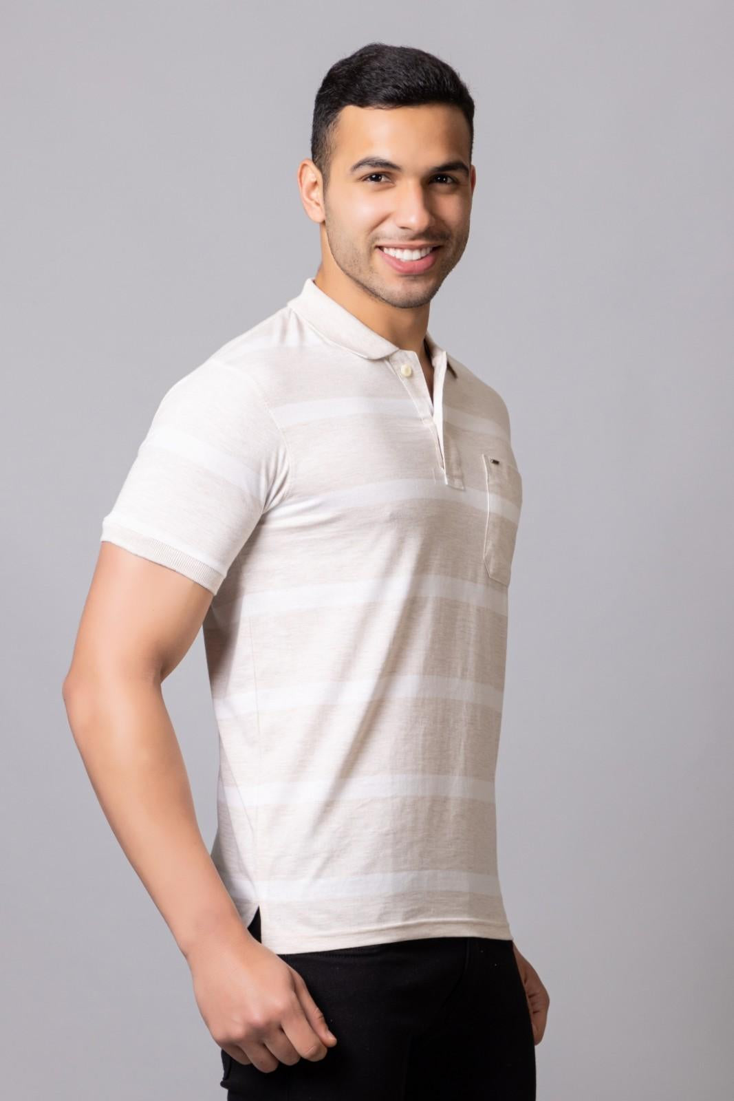 Men's Cotton Rich Striped Polo T-shirt with Pocket