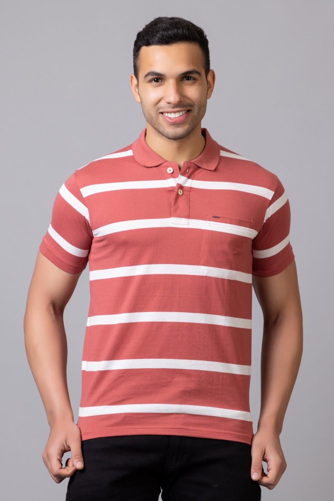 Men's Cotton Rich Striped Polo T-shirt with Pocket