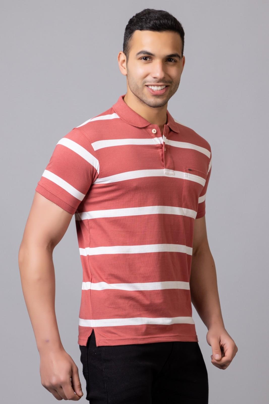 Men's Cotton Rich Striped Polo T-shirt with Pocket