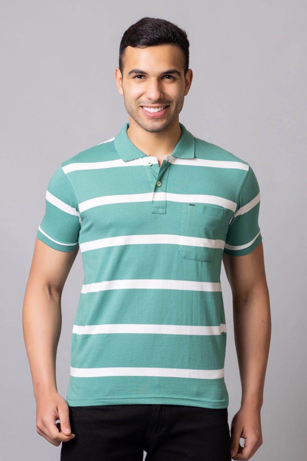 Men's Cotton Rich Striped Polo T-shirt with Pocket