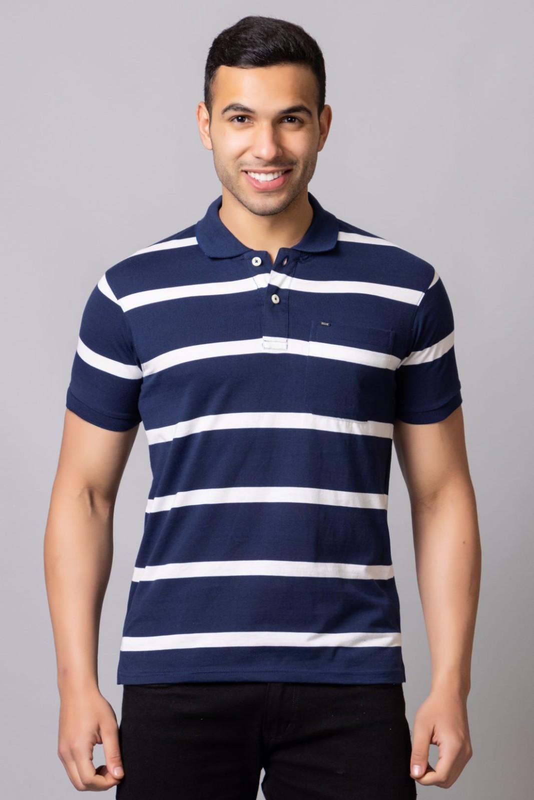 Men's Cotton Rich Striped Polo T-shirt with Pocket