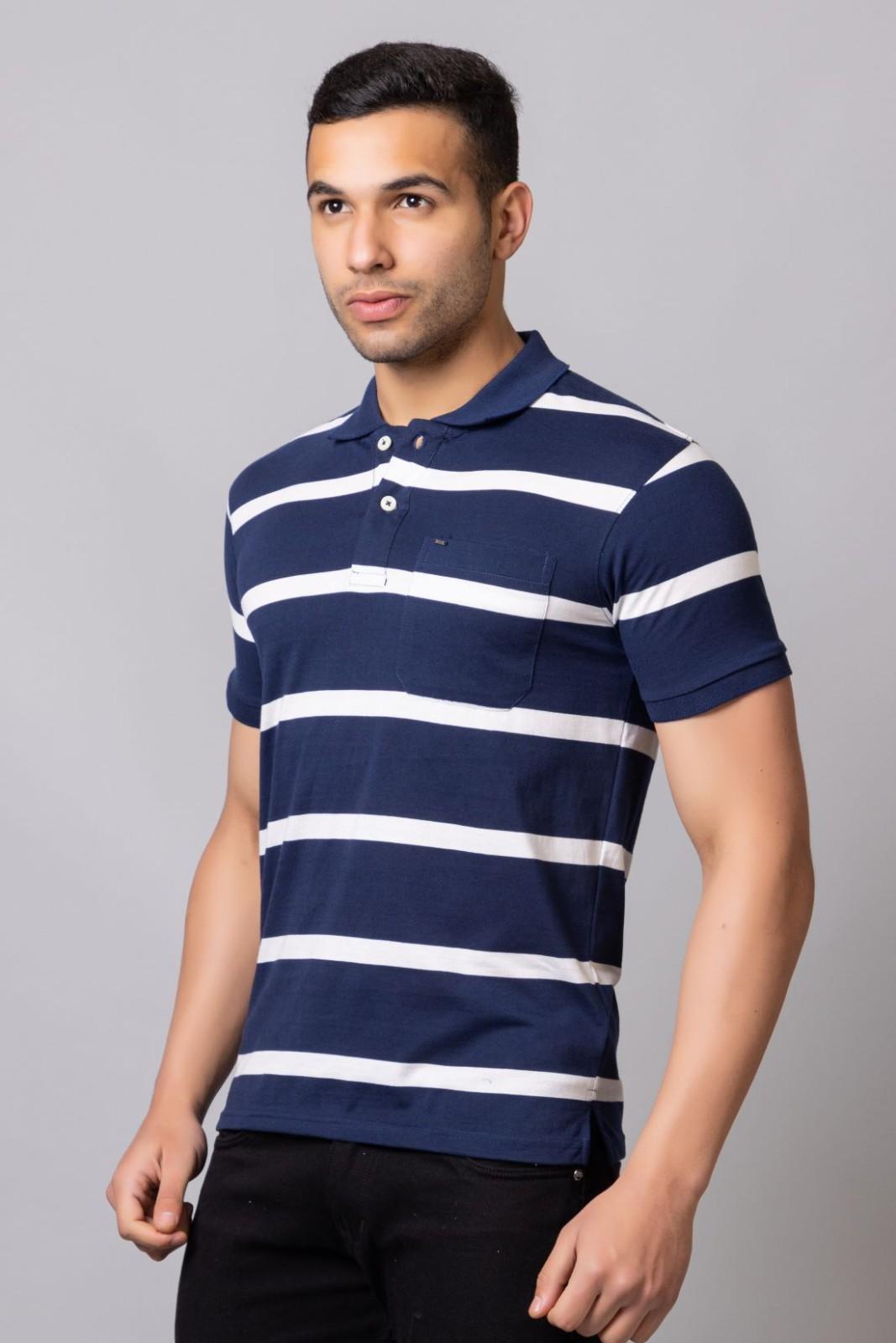 Men's Cotton Rich Striped Polo T-shirt with Pocket