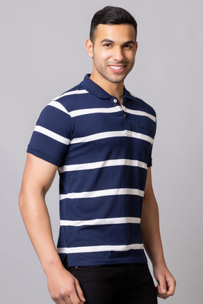 Men's Cotton Rich Striped Polo T-shirt with Pocket