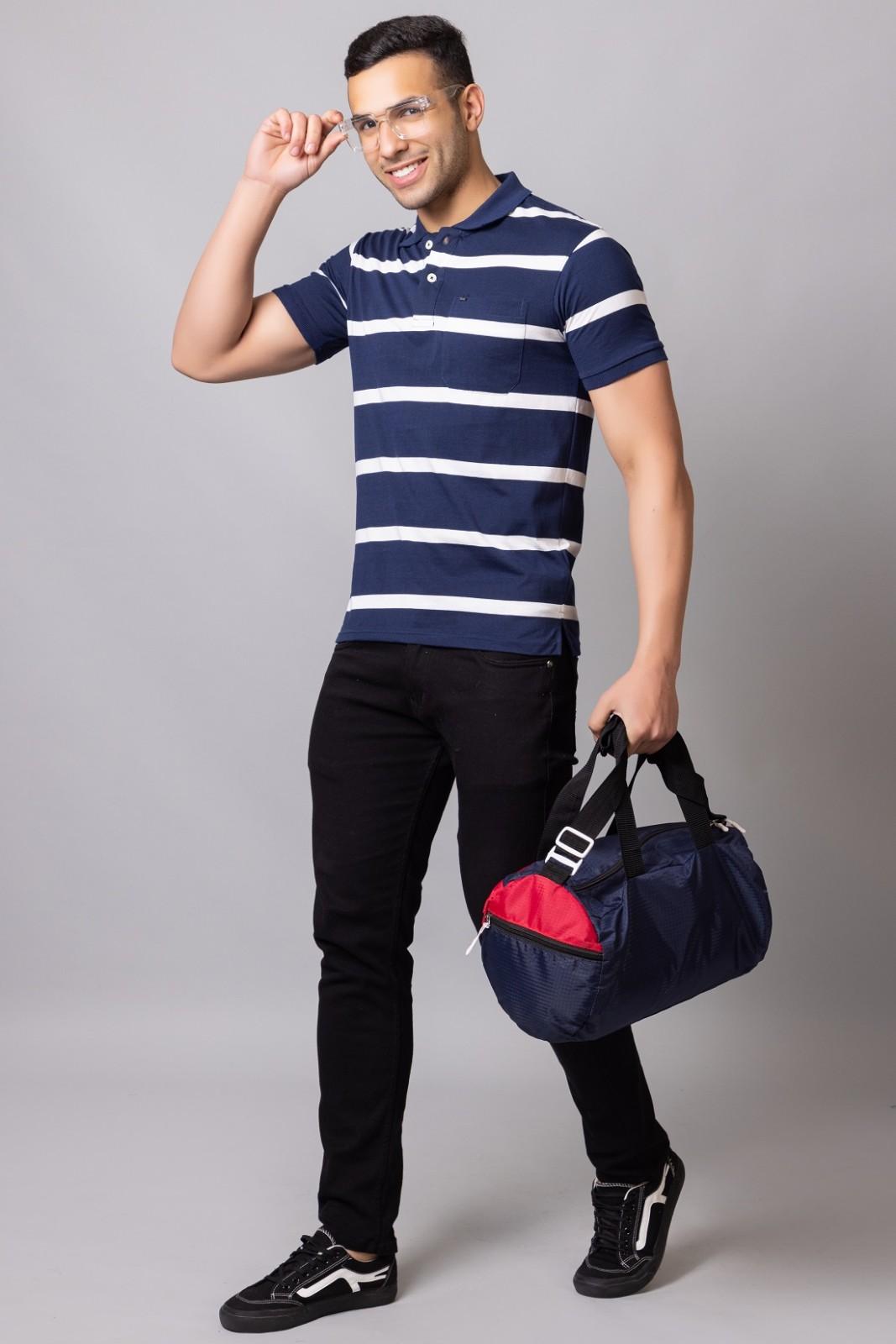 Men's Cotton Rich Striped Polo T-shirt with Pocket