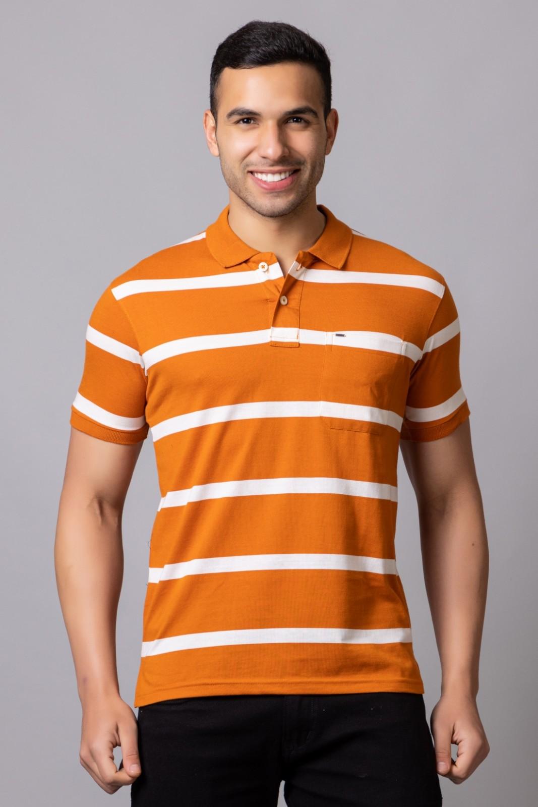 Men's Cotton Rich Striped Polo T-shirt with Pocket