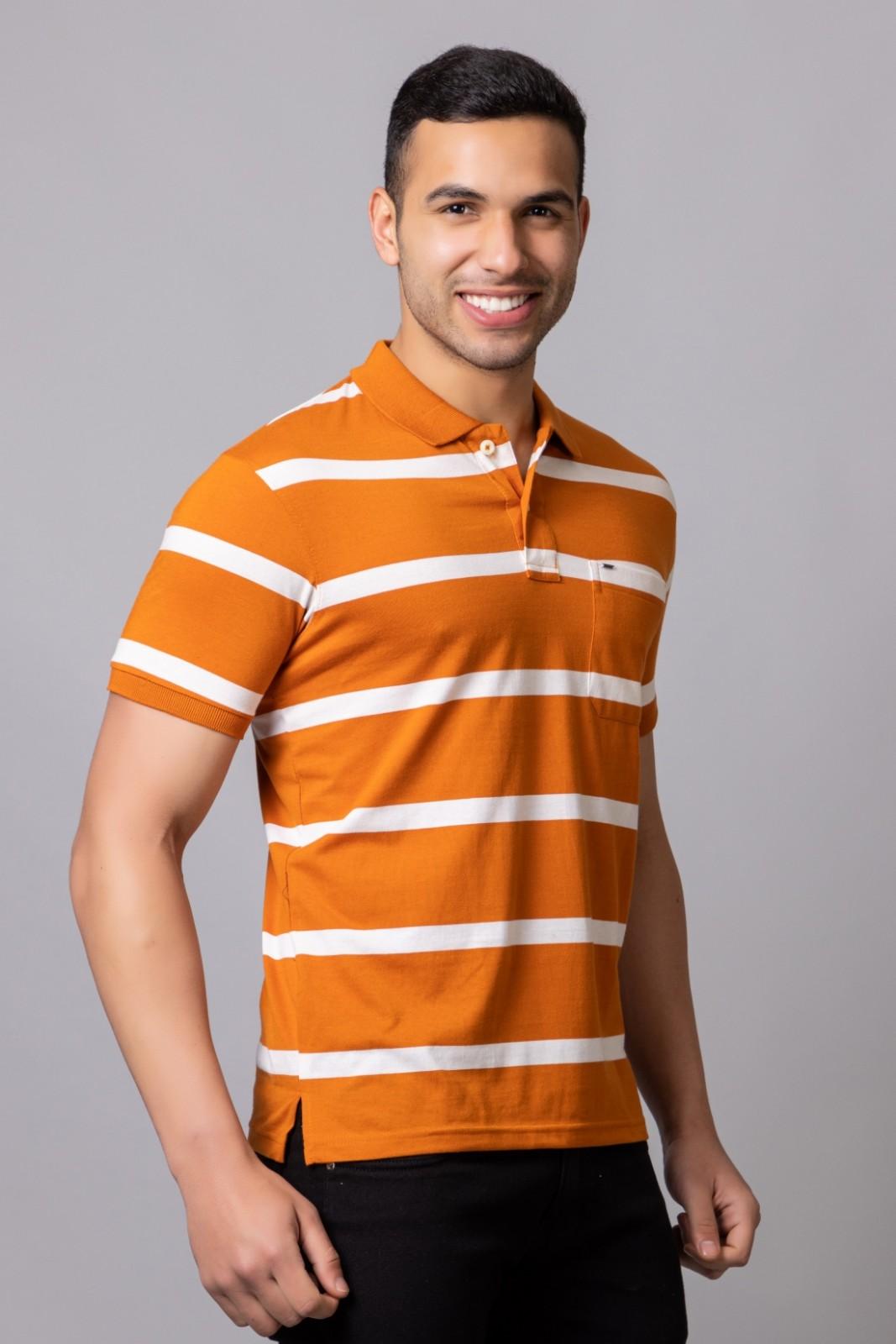 Men's Cotton Rich Striped Polo T-shirt with Pocket