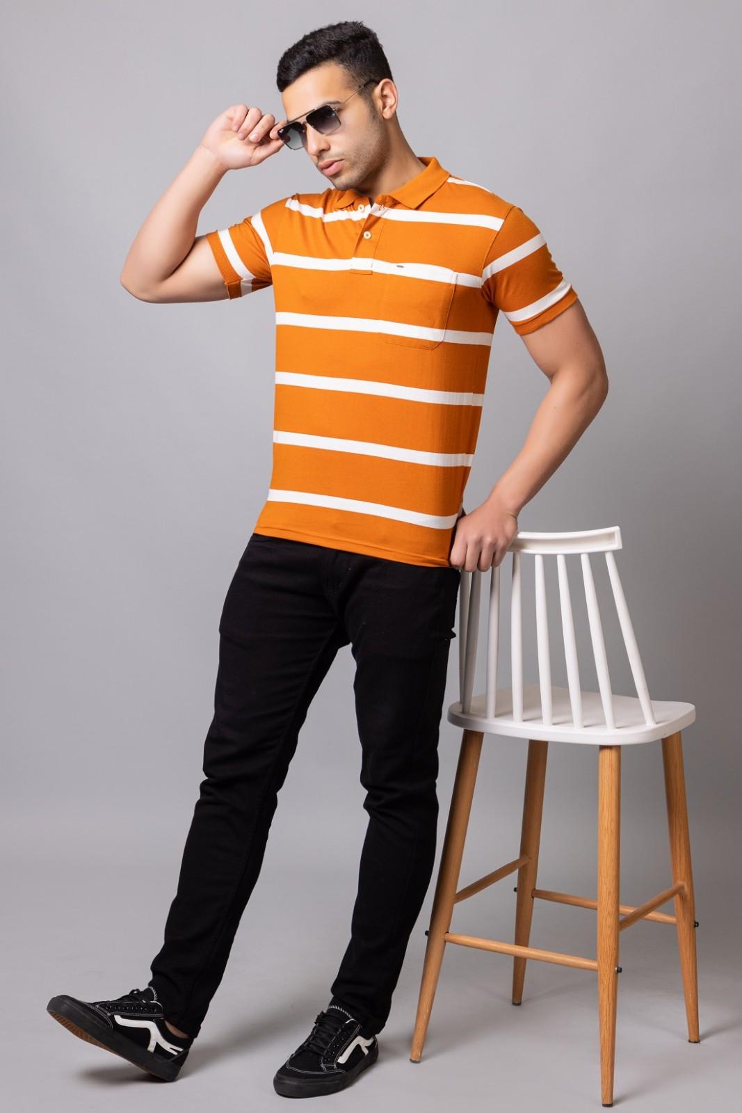 Men's Cotton Rich Striped Polo T-shirt with Pocket