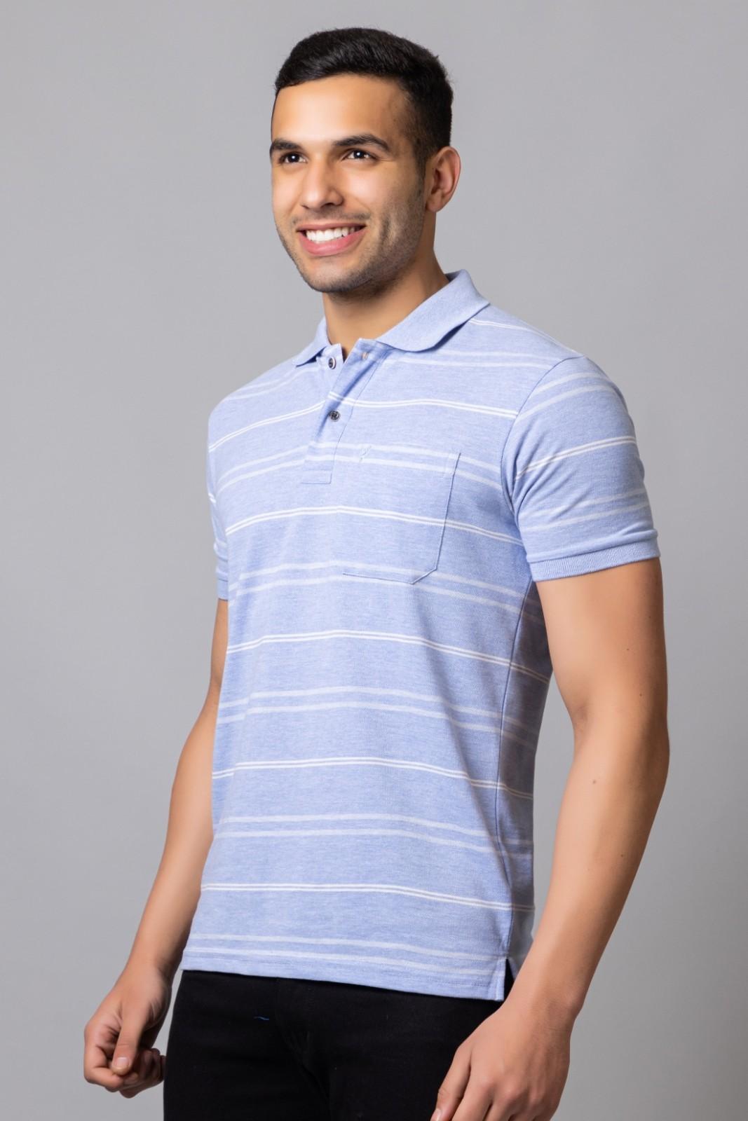 Men's Cotton Rich Striped Polo T-shirt with Pocket