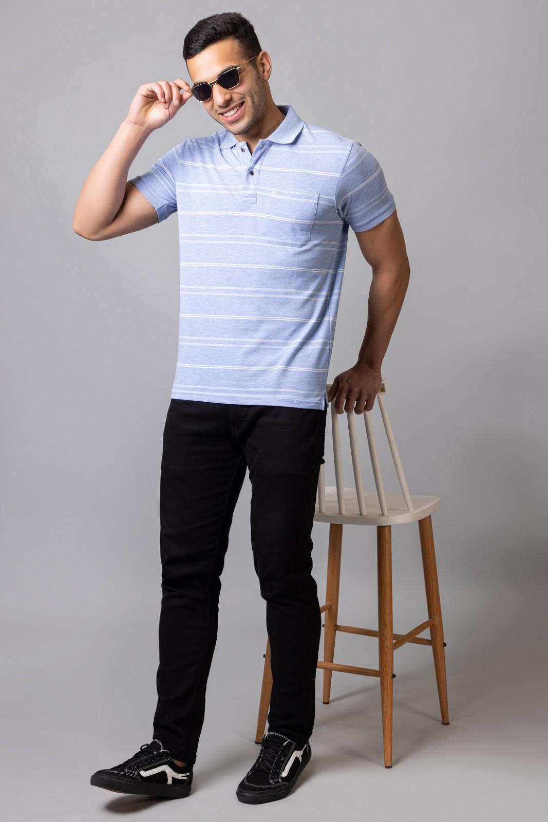 Men's Cotton Rich Striped Polo T-shirt with Pocket