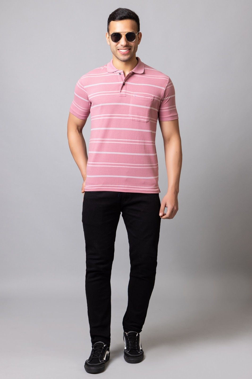 Men's Cotton Rich Striped Polo T-shirt with Pocket