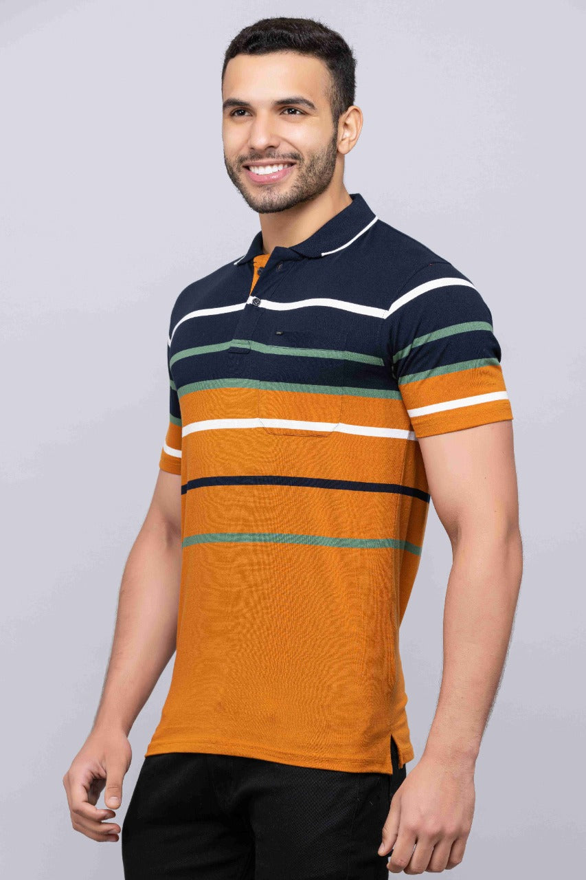 Men's Cotton Rich Striped Polo T-shirt with Pocket