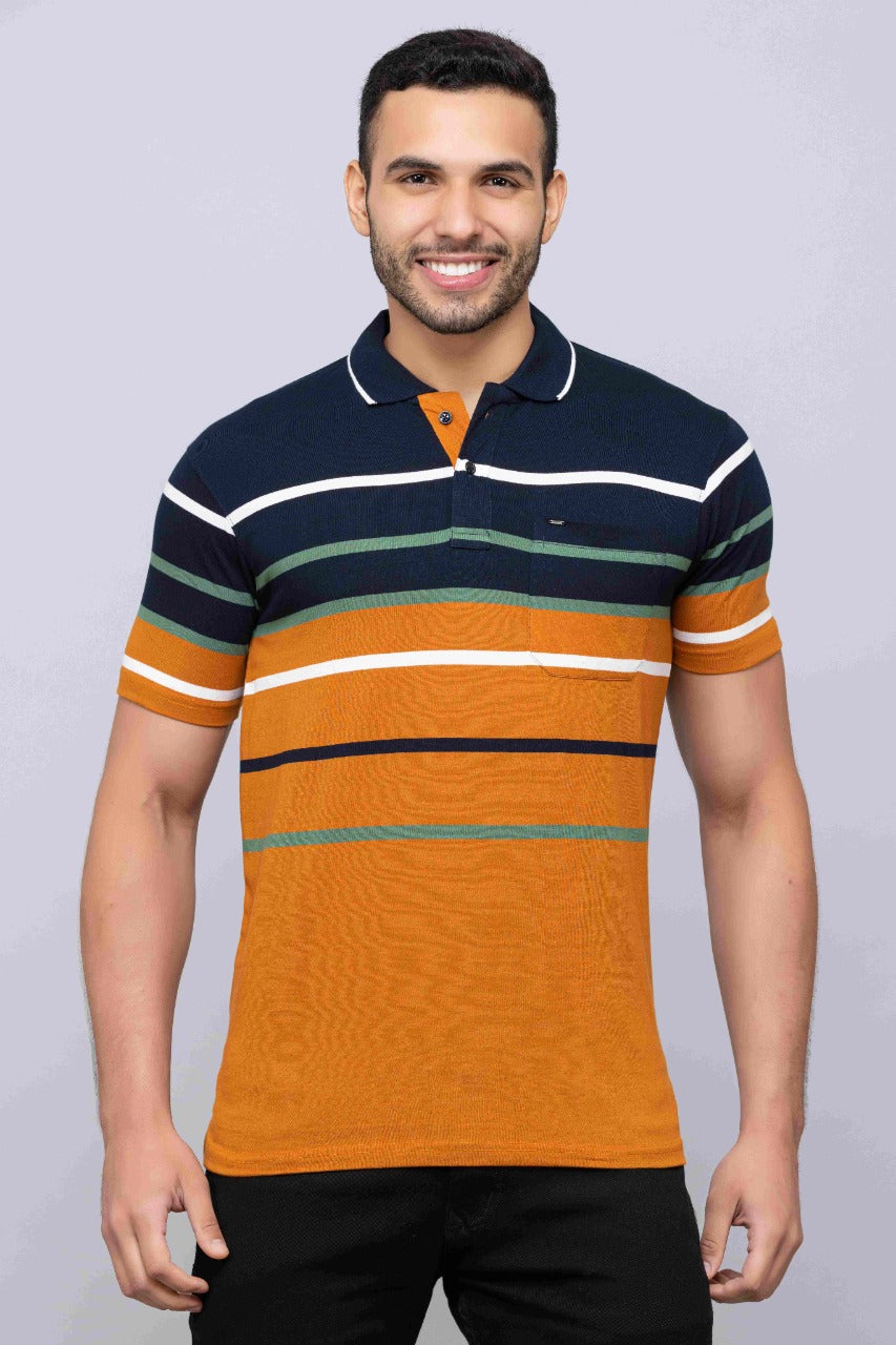 Men's Cotton Rich Striped Polo T-shirt with Pocket