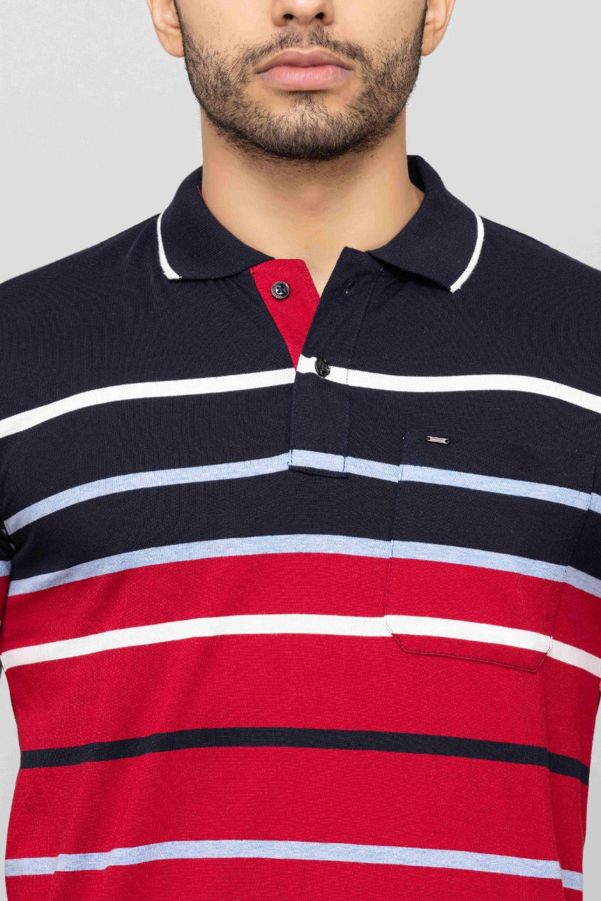 Men's Cotton Rich Striped Polo T-shirt with Pocket