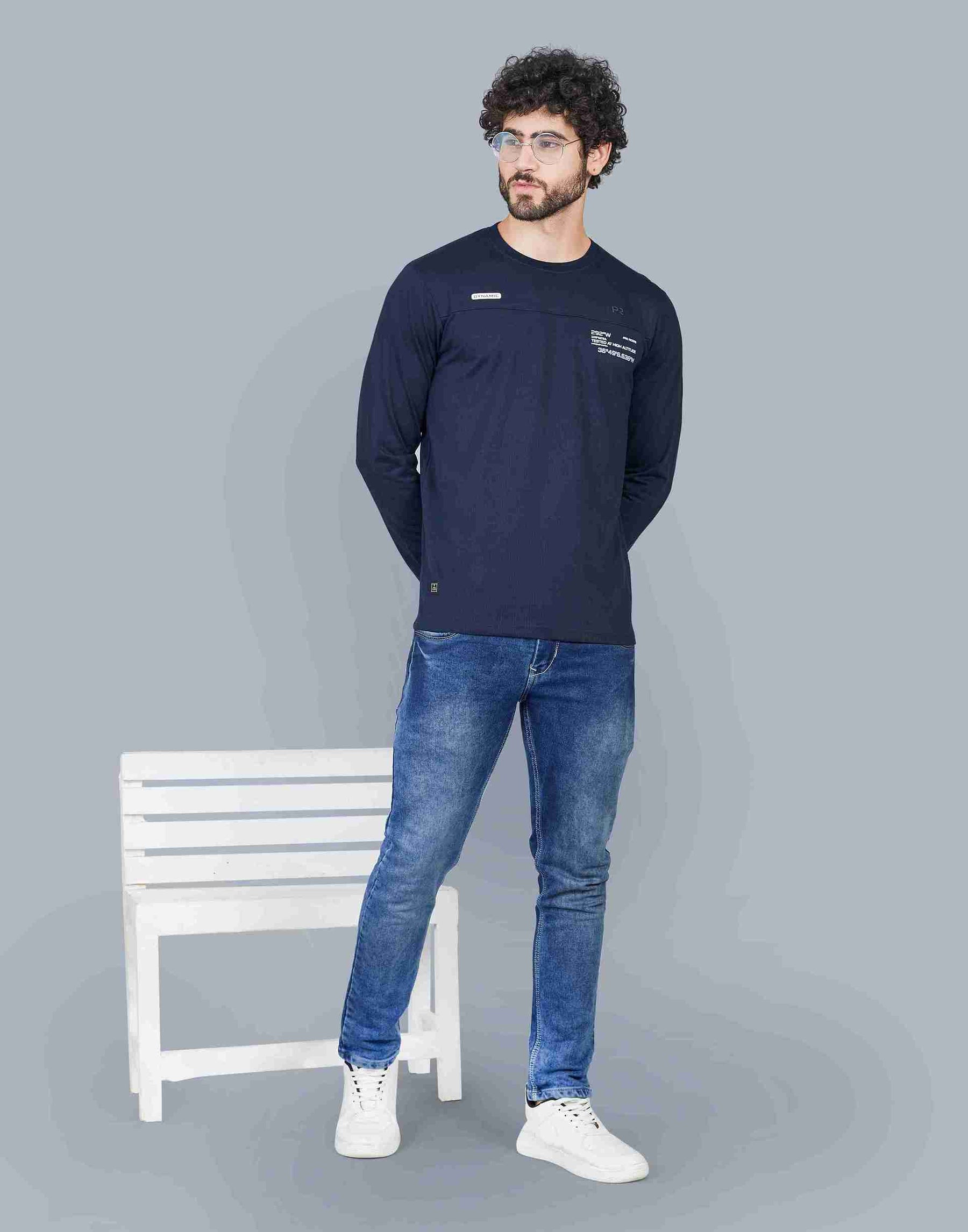 Self Knit Full Sleeve T-Shirt - Navy