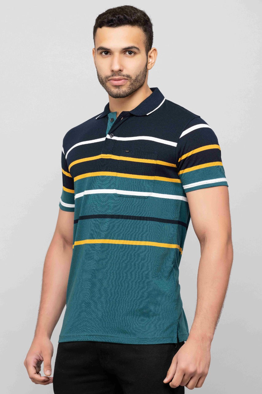 Men's Cotton Rich Striped Polo T-shirt with Pocket