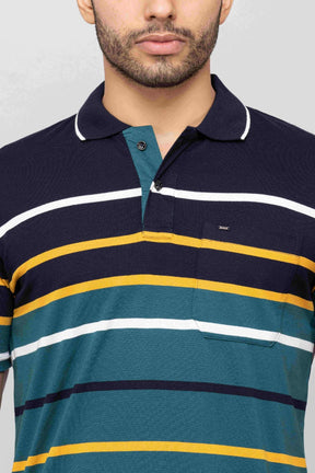 Men's Cotton Rich Striped Polo T-shirt with Pocket