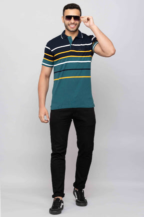 Men's Cotton Rich Striped Polo T-shirt with Pocket