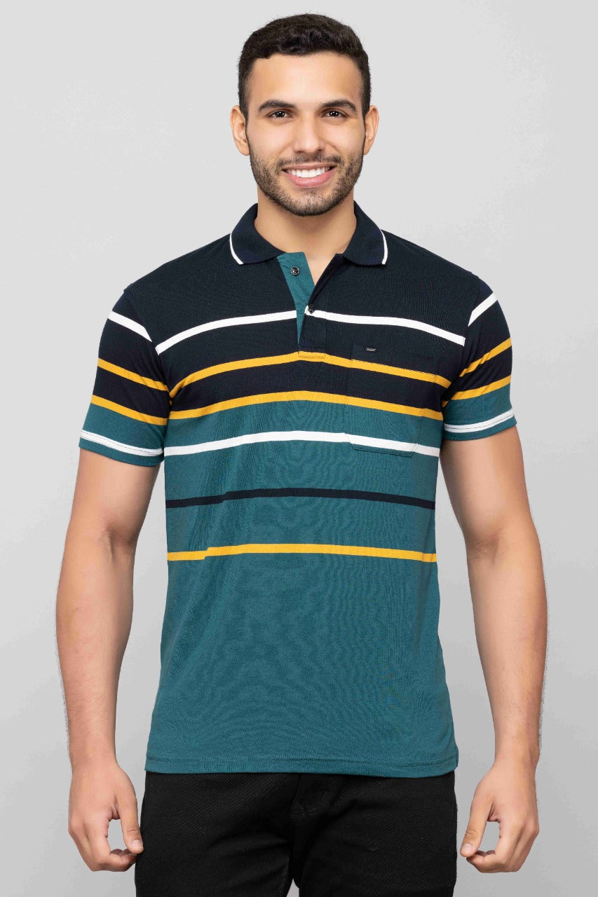 Men's Cotton Rich Striped Polo T-shirt with Pocket